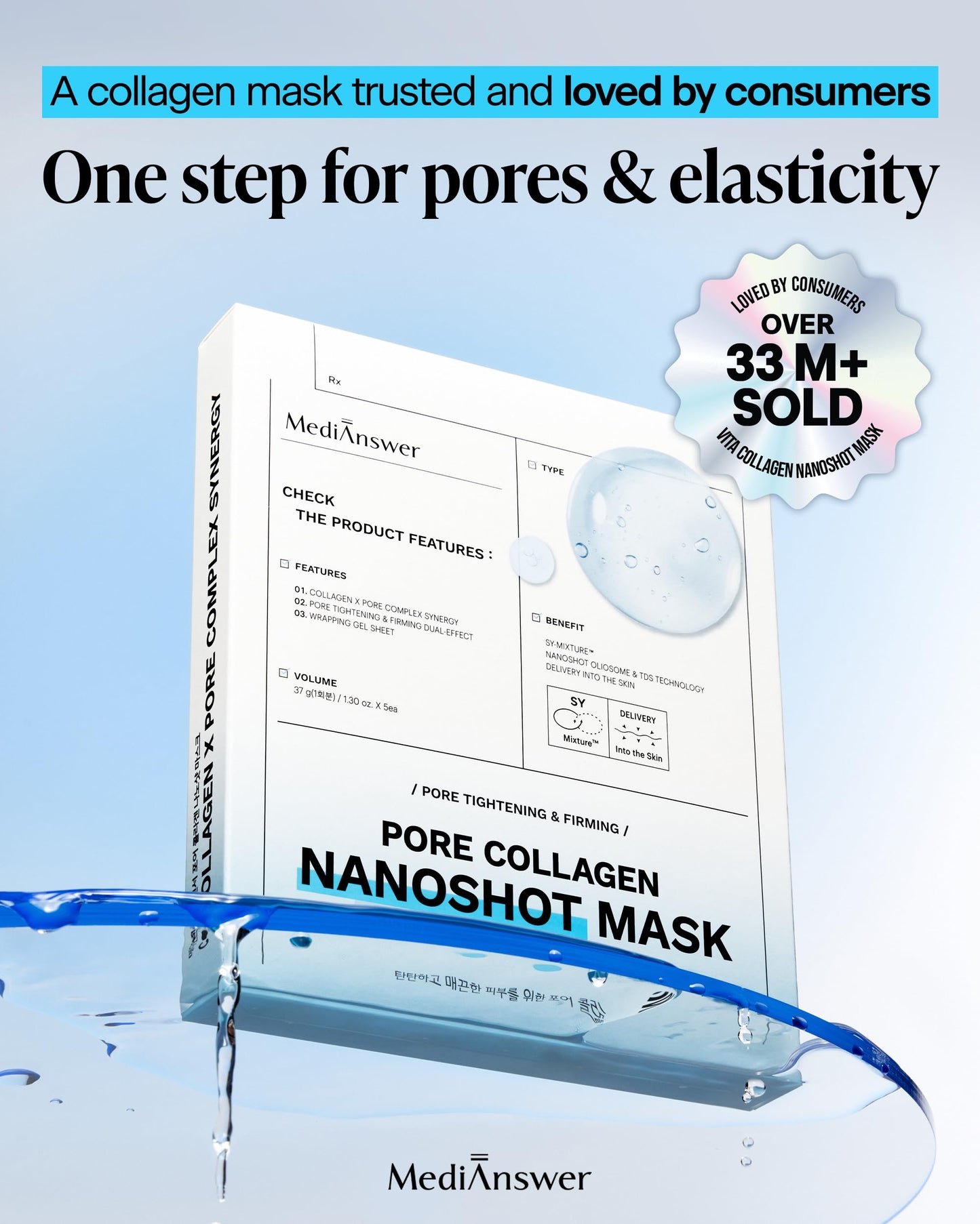 Medianswer Pore Minimizing Collagen Nanoshot Mask - Korean Hydrogel Face Sheet Masks with 100Da & 500Da Dual Collagen + Spanish Clay, Niacinamide & Salicylate Complex, Cooling Sebum Control 5 Sheets