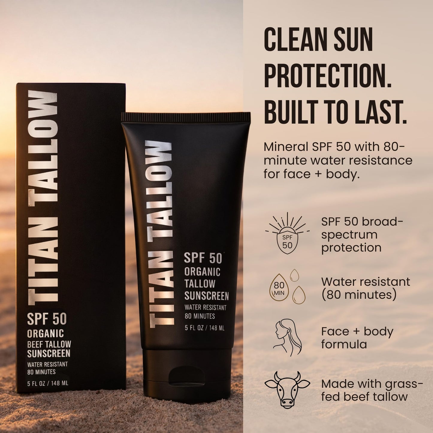 Titan Tallow SPF 50 Mineral Sunscreen – Organic Grass-Fed Beef Tallow with Non-Nano Zinc Oxide – Broad Spectrum UVA/UVB, Reef Safe, for Face and Body – 5 Oz