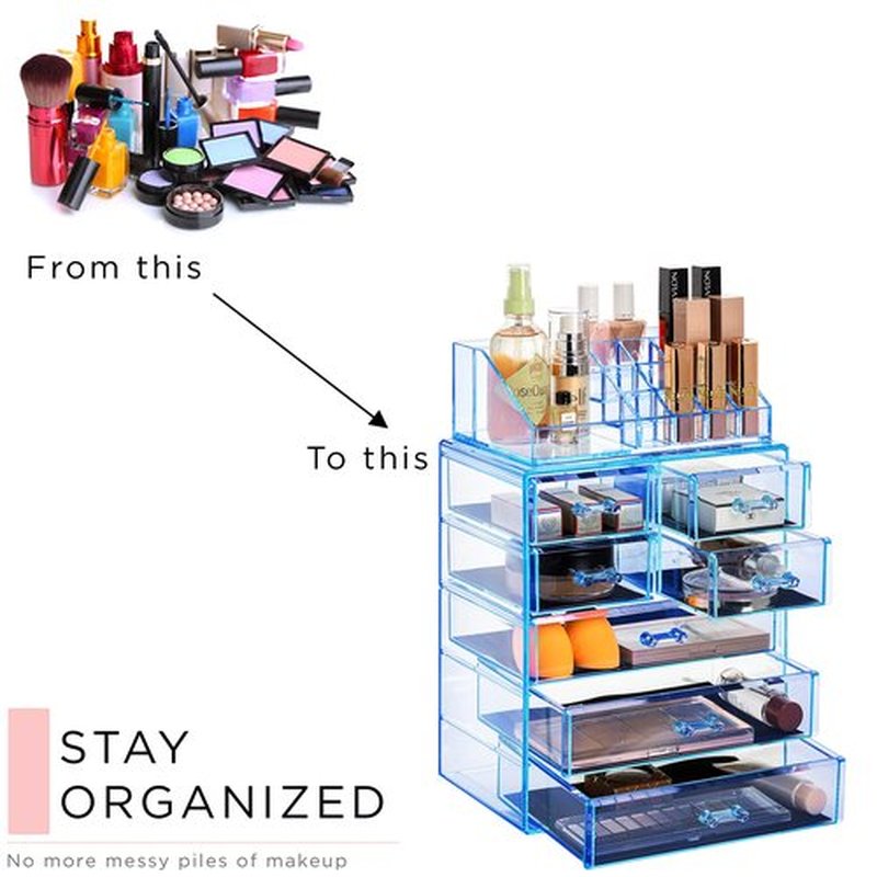 Sorbus Clear Cosmetic Makeup Organizer - Make Up & Jewelry Storage, Case & Display - Spacious Design - Great for Dresser, Bathroom, Vanity & Countertop (3 Large, 4 Small Drawers) [Blue Brilliance]