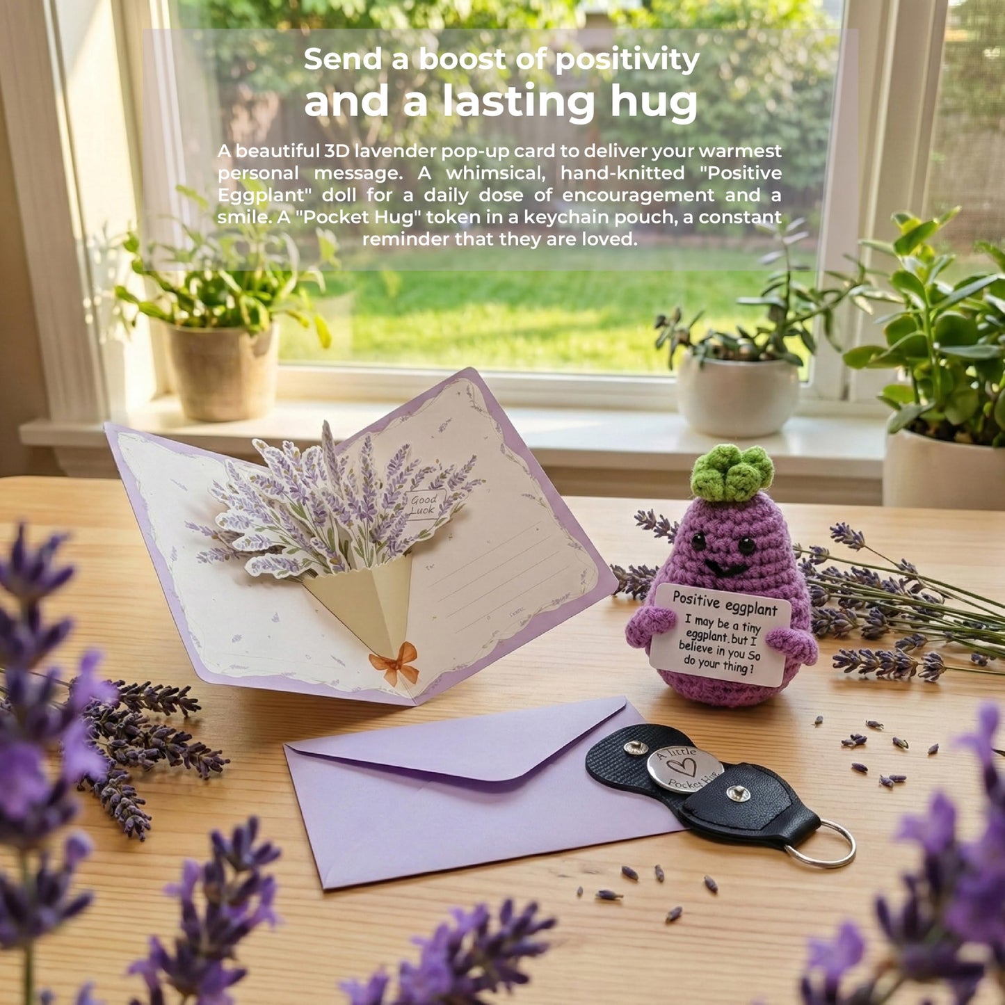 Birthday Gifts for Women, Self Care Hug in a Box Lavender Spa Gift Basket, Thinking of You Inspirational Gift for Wife Mom Sister New Mom or Friend with Flannel Blanket Knitted Eggplant and Pocket Hug