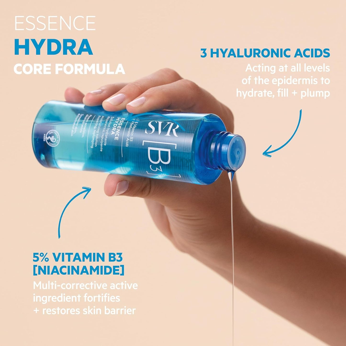 SVR [B3] Hydra Face Essence - Soothe, Smooth and Hydrate for 24hrs - 2% Niacinamide & Hyaluronic Acid Moisturizing & Hydrating Toner for Dehydrated Dry, Sensitive Skin. Fragrance Free, 5 fl.oz.