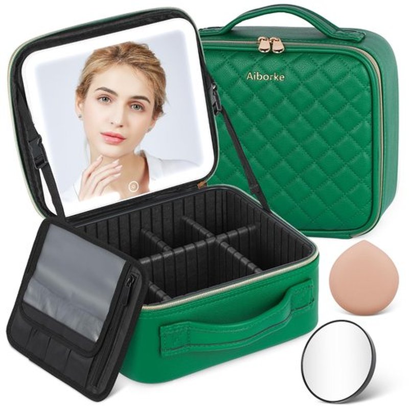 Aiborke Travel Makeup Bag with Led Mirror Makeup Case with Lighted Mirror Cosmetic Organizer bag with Adjustable Dividers and 5X Magnifying Mirror Gift for Women (Green)