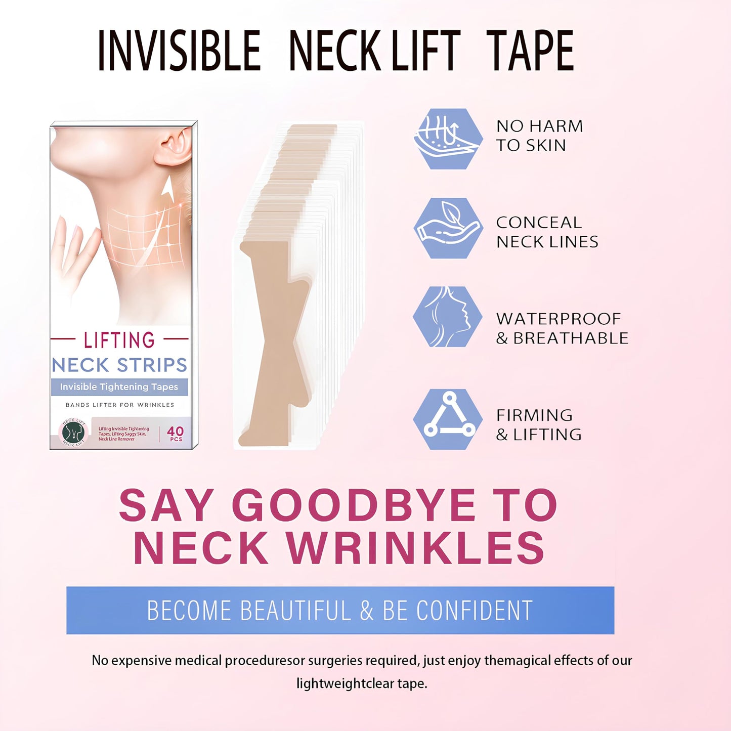 40 PCS Neck Lift Tape - Instantly Lift Sagging Skin, Invisible Neck Wrinkle Patches & Face Firming Tape, Comfortable Waterproof Jawline Definition
