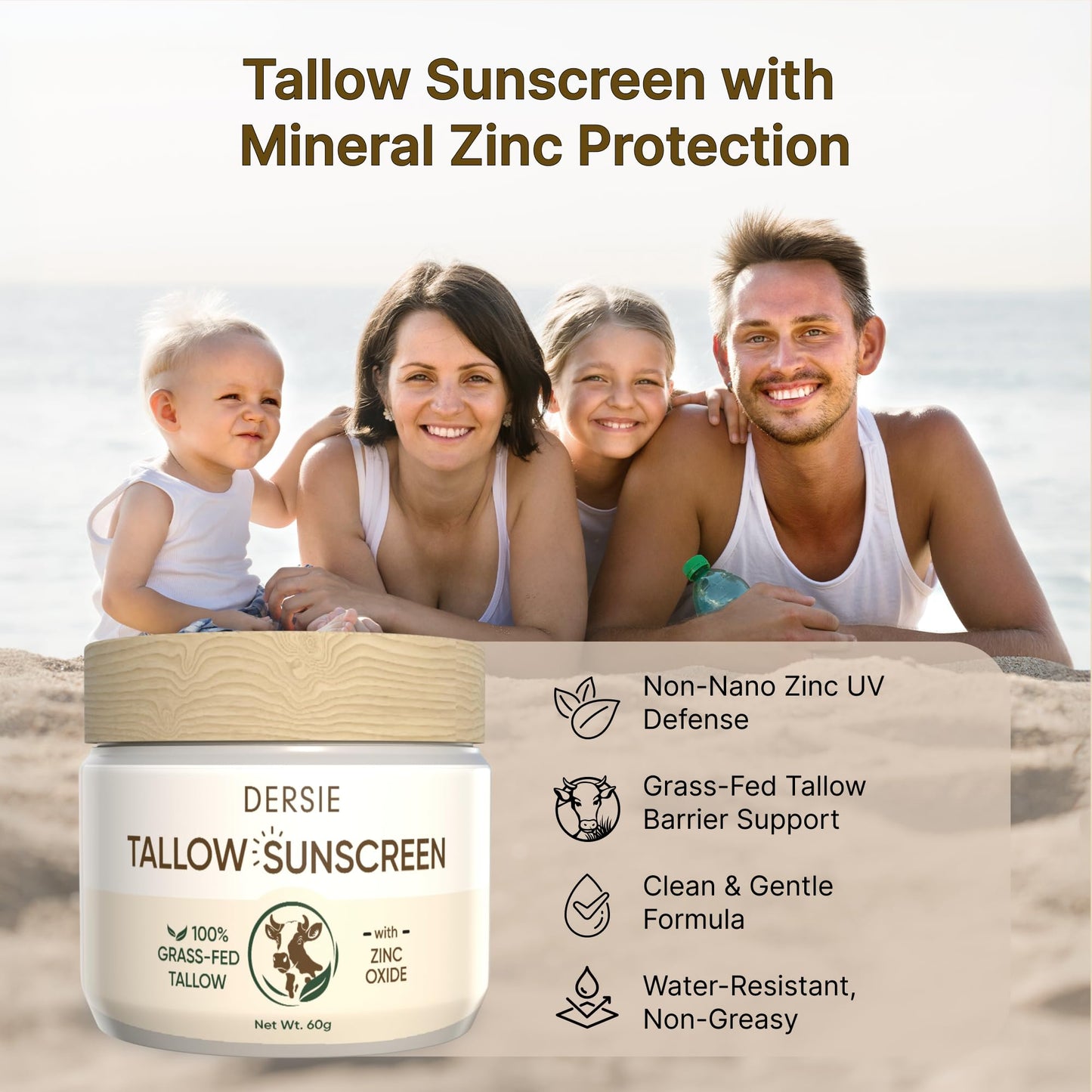 Dersie Tallow Sunscreen SPF 30 – Mineral UV Defense with Non-Nano Zinc Oxide – Face & Body Sun Protection for Adults & Kids – with 100% Grass-Fed Beef Tallow for Skin Comfort (2.1 oz)