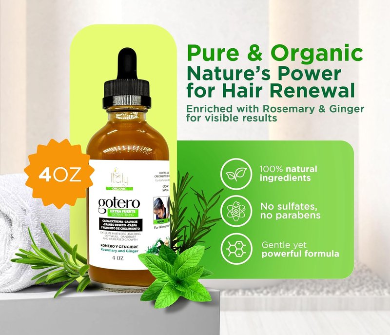 Organic Dropper Extra Strong Hair Treatment - Stop Hair Loss, Stimulate Growth & Treat Dandruff | Rosemary & Ginger, 4oz