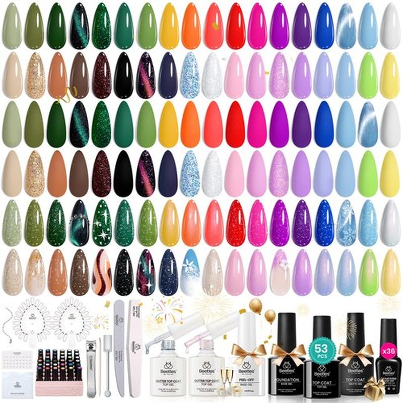 Beetles Winter Gel Nail Polish Set, 53pcs Gel Polish Kit, 36 Colors Brown Green Glitter Cat Eye Uv Gel Polish with 2PCS Base Coat & 4PCS Top Coat, All Season Travel Diary Manicure Tools for Beginners