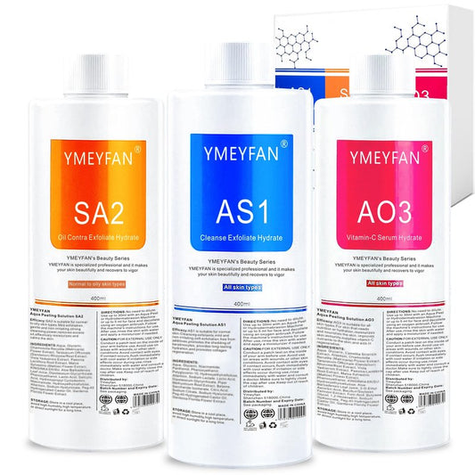 YMEYFAN AS1 SA2 AO3 Aqua Peeling Solution(English Ver.), Hydro Facial Solution for Hydrogen Oxygen Facial Machine Professional, Hydrating Serums for Facial Cleansing, Nourishing, Exfoliate(400ml/3Pcs)