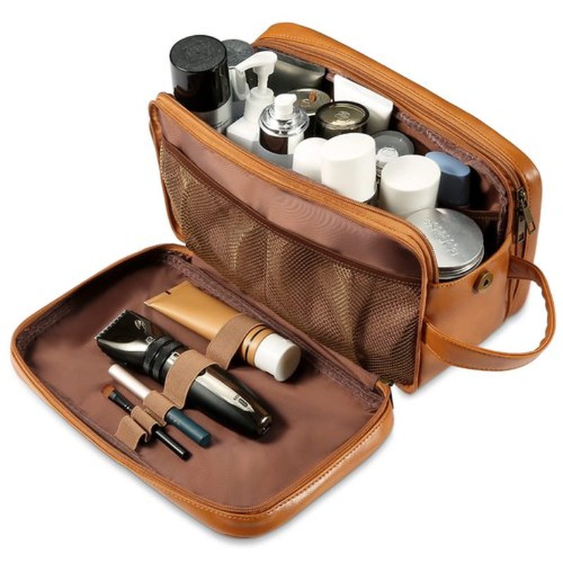 BNSPOCKET Personalized Leather Travel Toiletry Bag for Women, Medium Travel Bathroom Shaving Dopp Kit, Medium Cosmetic Travel Bag Waterproof