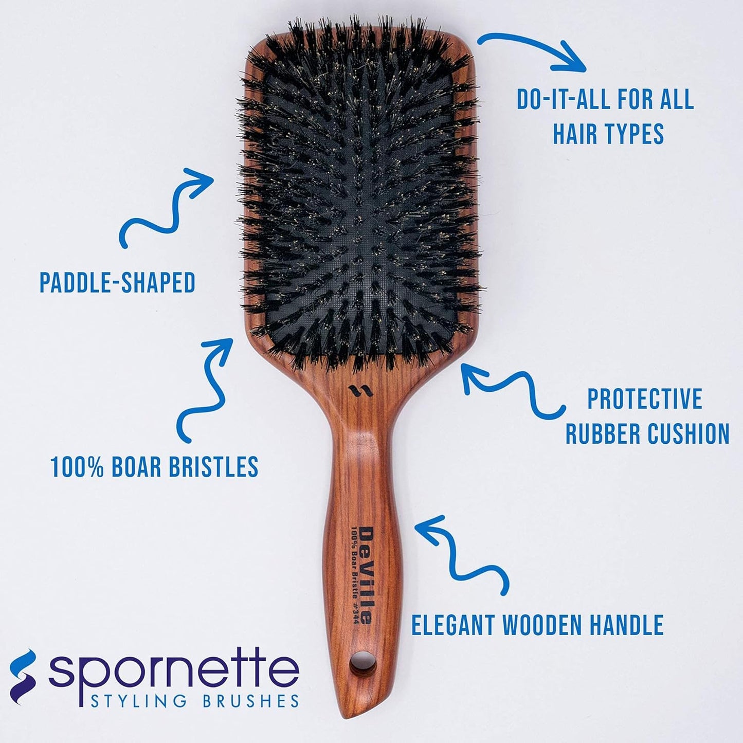 Spornette Deville Boar Bristle Paddle Brush - Wooden Handle for Smoothing & Detangling All Hair Types