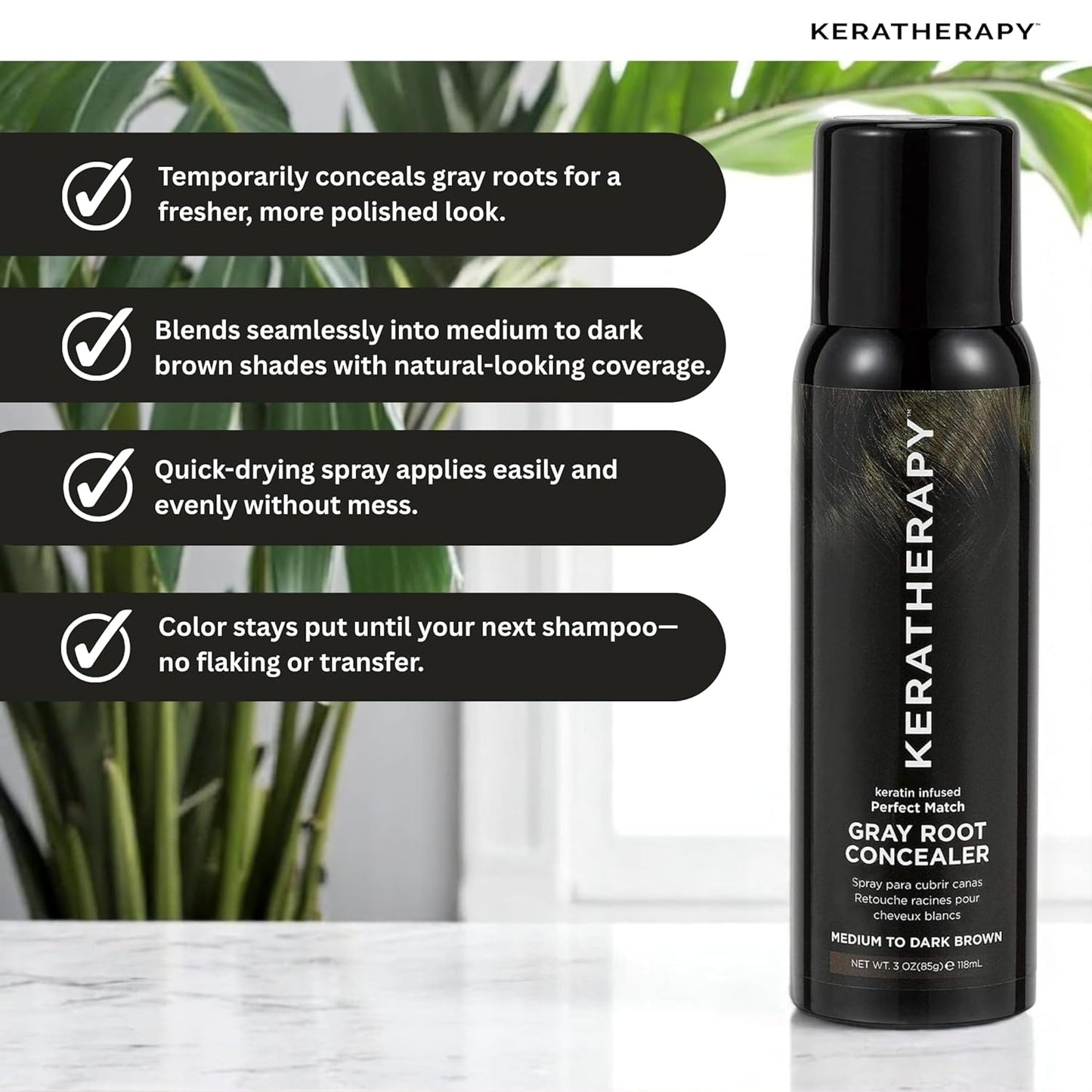 Keratherapy Keratin Infused Perfect Match Gray Root Concealer Spray, Light Brown, 3 oz, 118ml - Root Cover Up Spray to Hide Gray Roots - Keratin Therapy Hair Darkening & Temporary Scalp Concealer