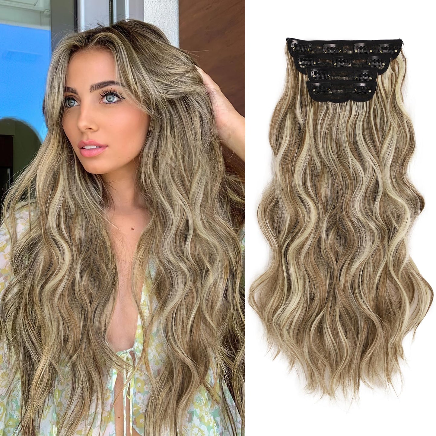 AISI BEAUTY Clip in Hair Extensions 4PCS Long Wavy Hair Extensions Natural Looking Synthetic Hair Extension for Women Daily Party Use(20 Inches,Ash Blonde Mix Light Blonde)