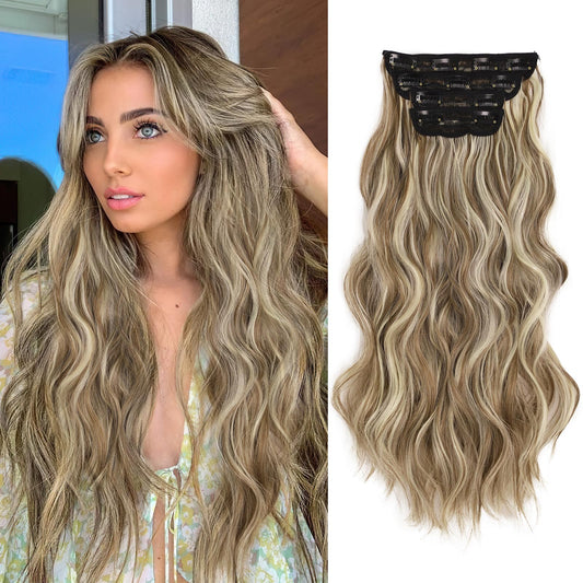 AISI BEAUTY Clip in Hair Extensions 4PCS Long Wavy Hair Extensions Natural Looking Synthetic Hair Extension for Women Daily Party Use(20 Inches,Ash Blonde Mix Light Blonde)