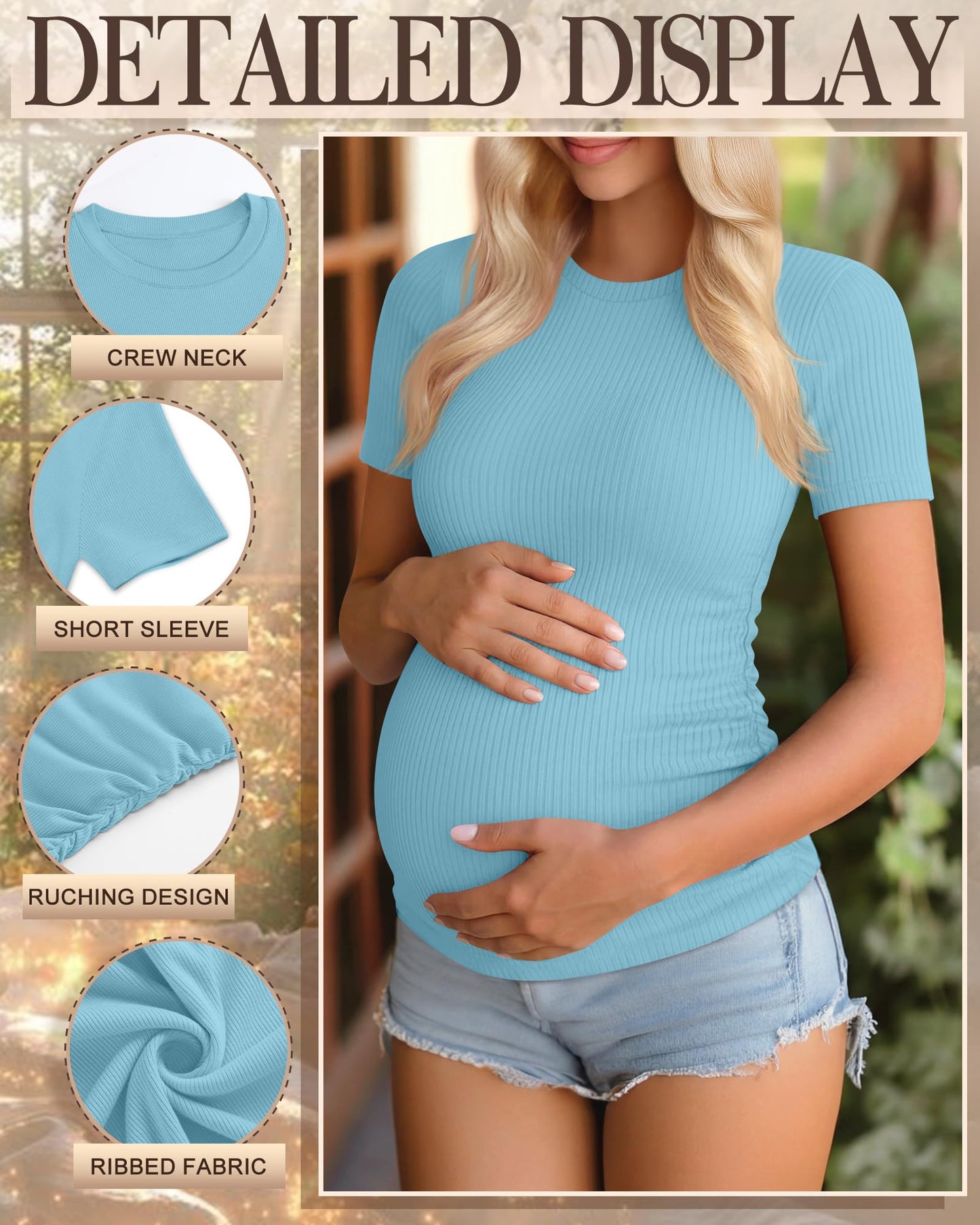 Ficerd 3 Pack Maternity Shirts for Women, Cotton Ribbed Pregnancy Tops Short Sleeve Side Ruched Summer Casual Mama Clothes(Medium,Light Sky Blue, Light Purple, Light Pink)