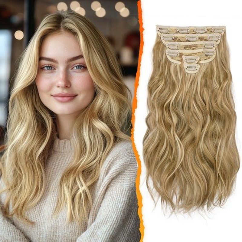 BARSDAR Clip in Hair Extensions - 6PCs Wavy Highlight Clip in Hair Extensions for Women - 16 Inch Full Head Thick Soft Synthetic Clip in Hairpieces Daily - Golden Blonde with Highlights