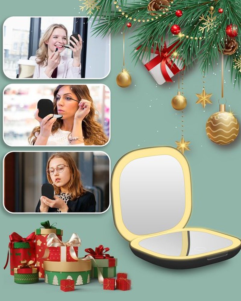 Dec.Metu Compact Mirror, 1X/5X Magnification Pocket Travel Makeup Mirror with Lights for Purse Rechargeable Small Handheld Mirror for Gift Black