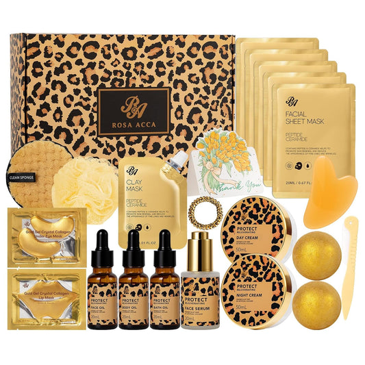 Mother's Day Gift Set - 23 Pcs Leopard Skin Care Collection | Spa Basket with Cream, Bath Bombs & Serum