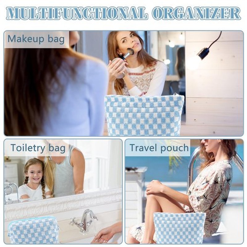 ZLFSRQ 2Pcs Checkered Makeup Bag for Women Large Cosmetic Bag Set Travel Toiletry Bag Makeup Pouch Bag for Purse Blue Zipper Storage Bag Organizer Cute Small Aesthetic Girls Car Essentials Bag