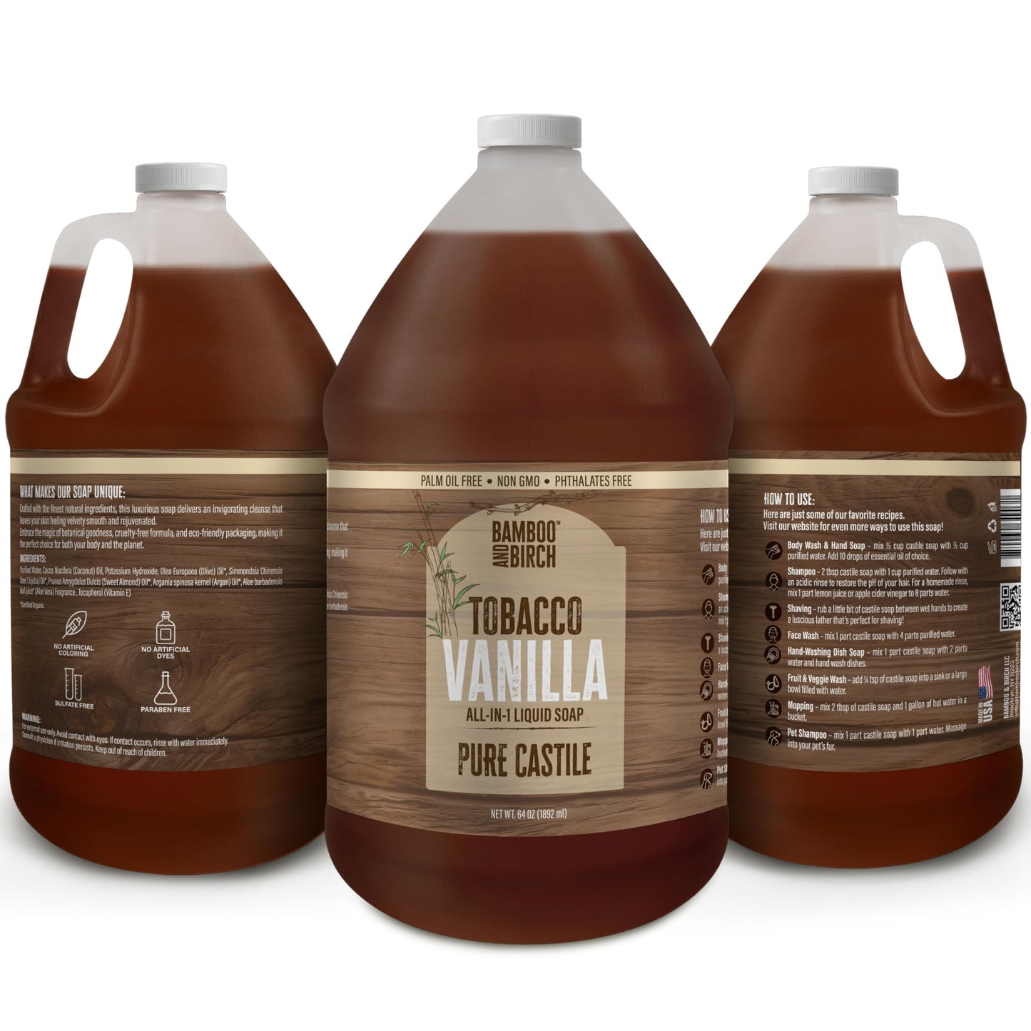 BAMBOO AND BIRCH Pure Castile Soap Liquid, Tobacco Vanilla, 64 oz