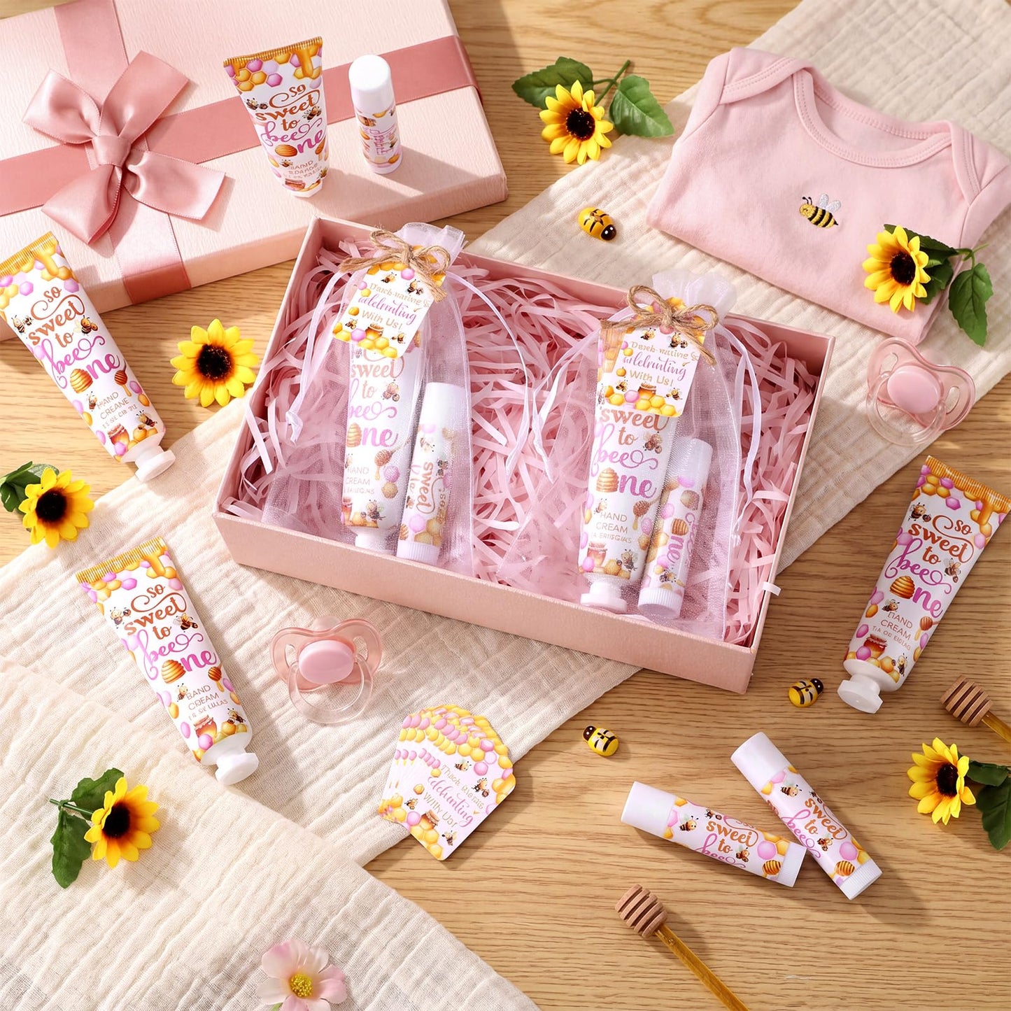 Dansib 24 Sets/96 Pcs Pink Honey Hand Cream and Lip Balm Gift Baby Shower Favors for Guest Thank You for Bee Travel Size Hand Lotion and Lip Balm Bulk Baby Shower Birthday Party Supplies