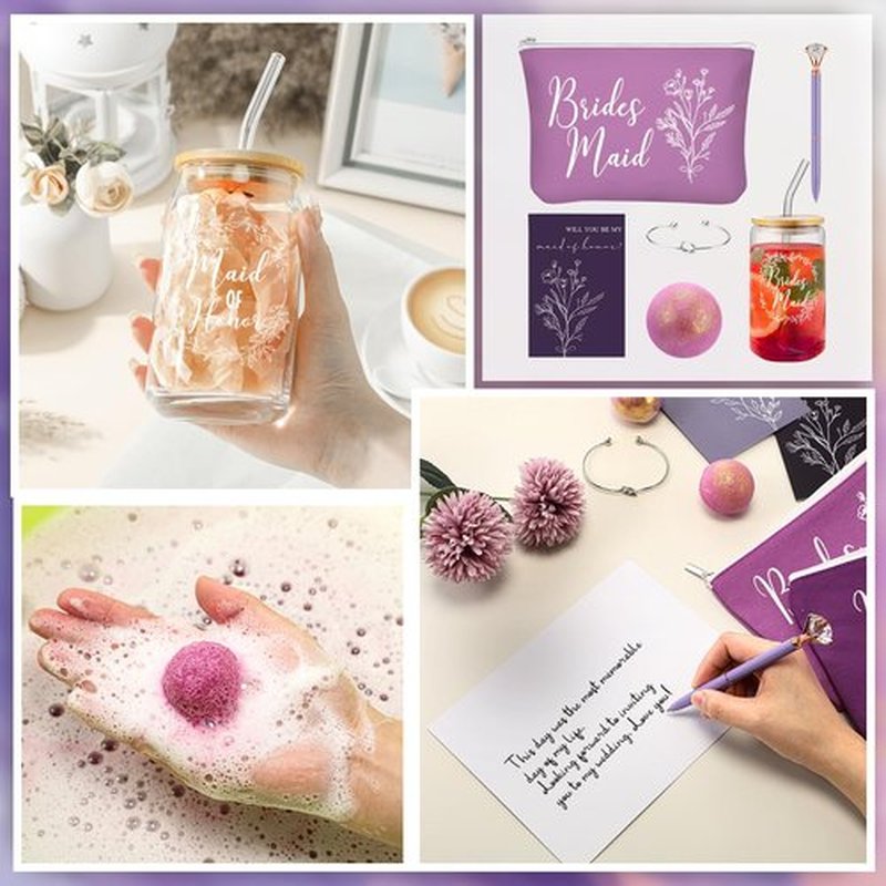 Skybooly 18 Pcs Bridesmaid Proposal Gifts Maid of Honor Gifts Including Brides Maid Glass Cup Makeup Bag Diamond Pen Bracelet Invited Cards for Wedding Party Favors(Purple)