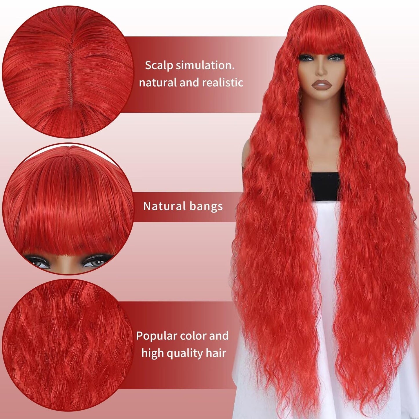Aliesencia 40 Inch Long Curly Synthetic Wig with Bangs Long Wavy Wig for Women Natural Style Wig Bounce Fluffy Wig Red Cosplay Wig for Halloween Heat Resistant Wig for Party Daily Use(Red)