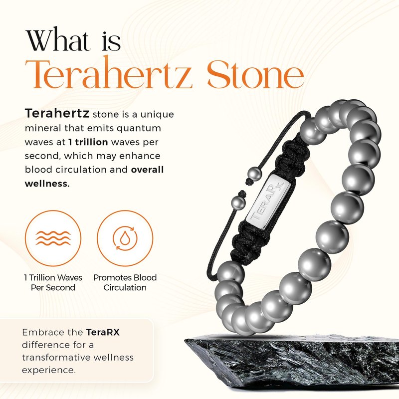 TeraRX® Terahertz Bracelet – 100% Authentic Terahertz Stone Bracelet for Women and Men – Adjustable Size Beaded Jewelry for Perfect Fit (Round 8MM Beads)