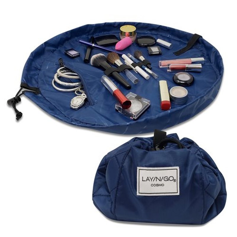 Lay-n-Go Cosmo Drawstring Cosmetic & Makeup Bag Organizer - Portable Drawstring Makeup Bag w/Zipper Pocket, Makeup Loops & More - Durable, Machine Washable Makeup Bag for Travel (20”, Navy)