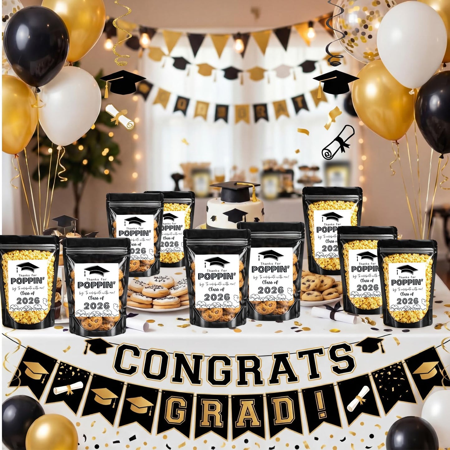 Zhehao 50 Pack Graduation Popcorn Treat Bags Class of 2026 Graduation Party Favors Candy Goodie Cookie Small Gift Bags Thanks for Popping by to Celebrate Resealable Zip Bag Individual Stickers(Black)