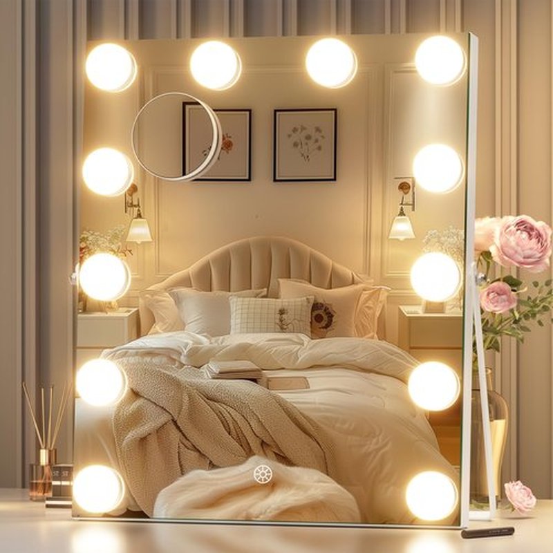 Hasipu Vanity Mirror with Lights, 11.4" x 13.8" Hollywood Mirror, Makeup Mirror with 12 Dimmable Bulbs and 10X Magnification, 3 Colors Modes, Touch Control, 360° Rotation, White