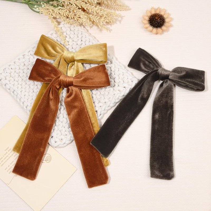CEELGON 3 PCS Long Tail Velvet Hair Bows Hair Bow Set for Toddler Girls Long Ponytail Knot Bows Alligator Clip Hair Accessories for Girls and Women (Gold, Orange Brown, Dark Brown)