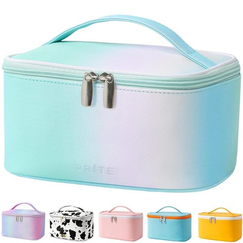 Makeup Bag Portable Travel Cosmetic Bag for Women, Beauty Zipper Makeup Organizer PU Leather Washable Waterproof（Rainbow Green)
