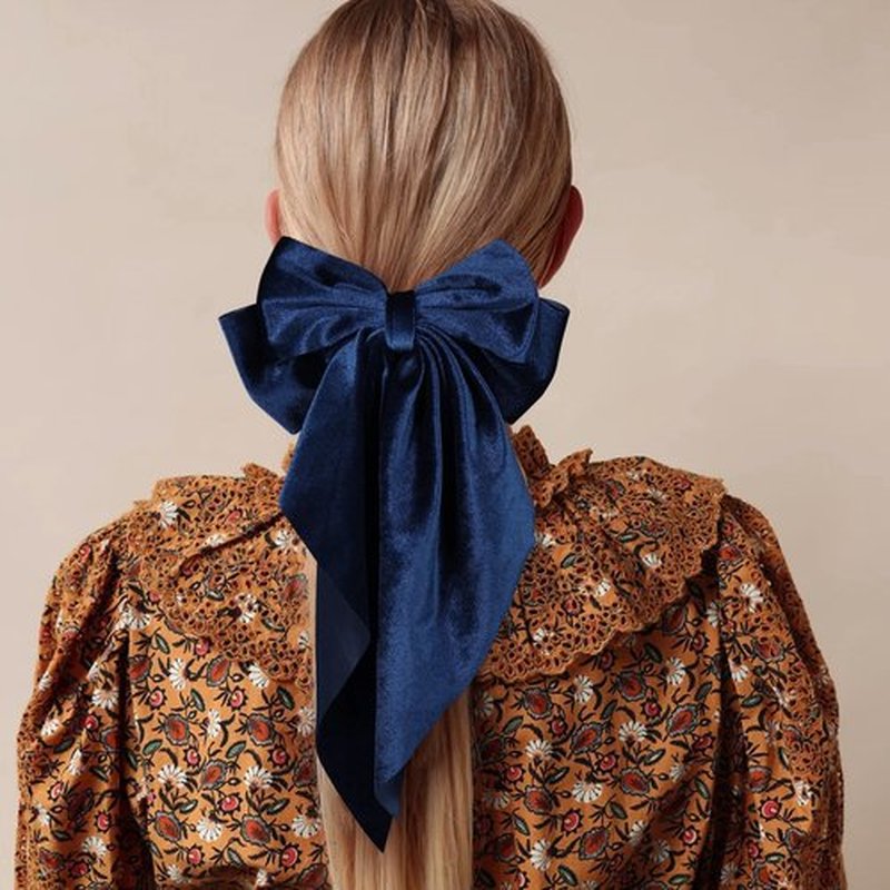 2Pcs Navy Blue Hair Bows Large Velvet Hair Ribbons Bow French Barrettes Clip Long-Tail for Women Girls Oversized Cute Aesthetic Wedding Prom Party Hair Styling Accessories