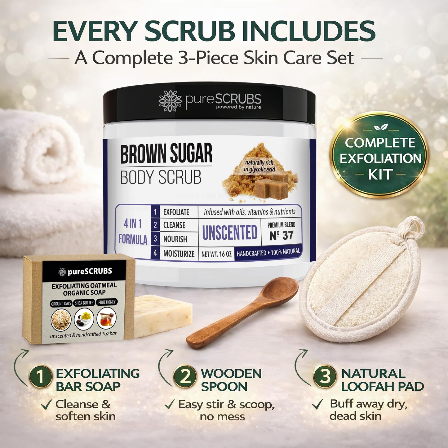 pureSCRUBS Exfoliating Unscented Brown Sugar Scrub Set for Sensitive Skin