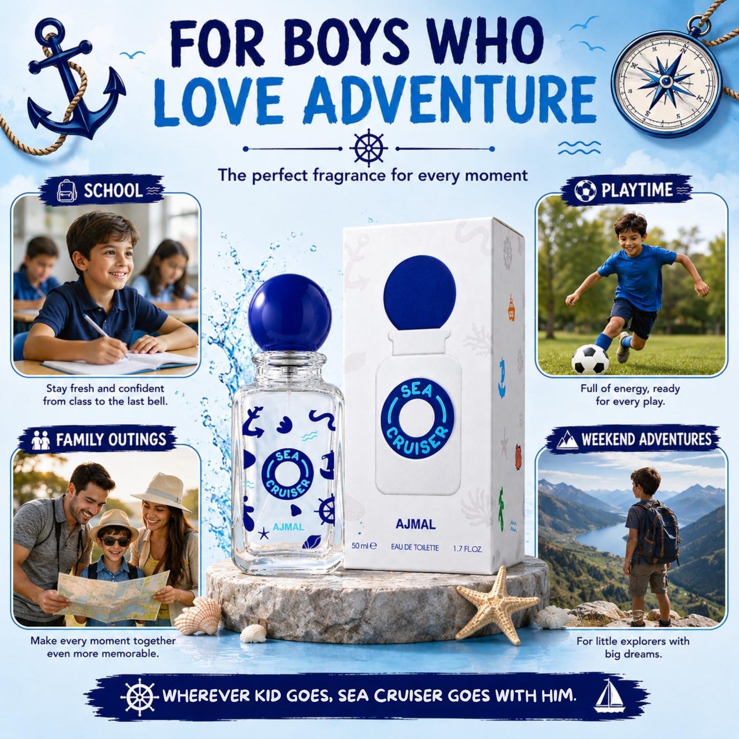 Ajmal SeaCruiser Perfume for Boys, 1.7 fl oz / 50 ml, Fresh Spicy Woody Fragrance with Lemon & Black Pepper, Everyday Kids Perfume, Made in Dubai