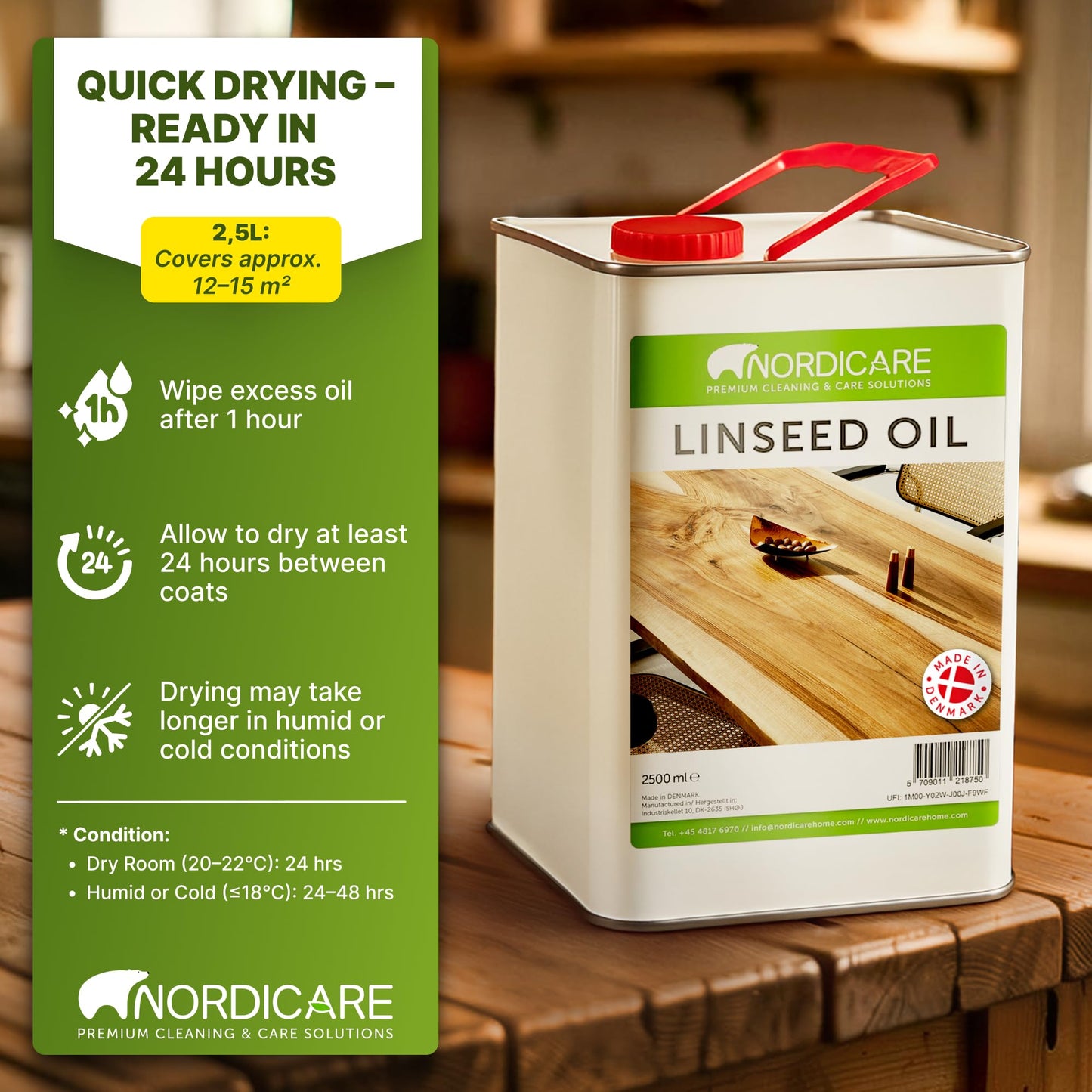 Nordicare Linseed Oil for Wood - 100% Pure & Natural Linseed Oil for Entire Indoor Area - Food-Safe Raw - Furniture - Underlines the Original Wood Structure - Made in Denmark 84.5oz