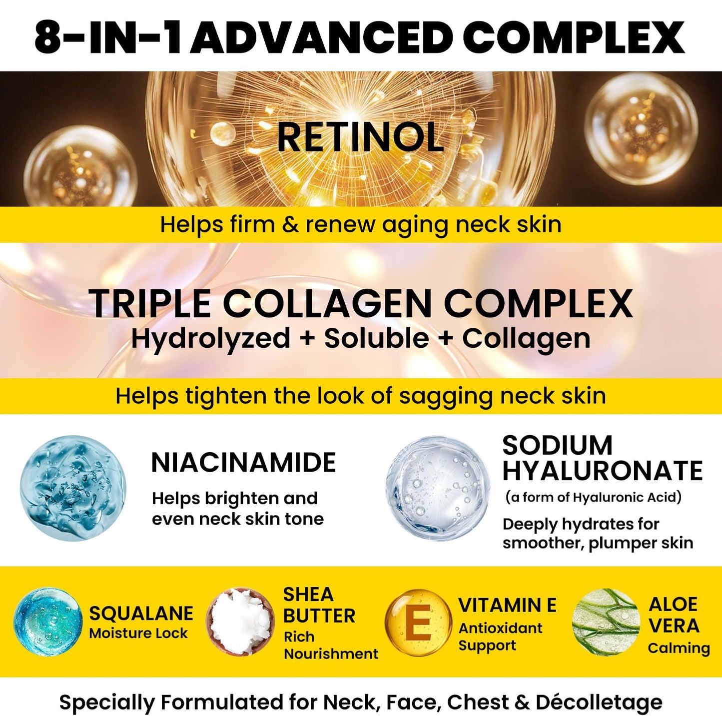 Chillihaer 8-in-1 Neck Firming Cream–Retinol & Triple Collagen Moisturizer for Neck,Face,Chest & Décolleté–Tighten, Lift&Smooth the Look of Sagging Crepey Skin, Fine Lines&Wrinkles–Women&Men,1.7 Fl Oz