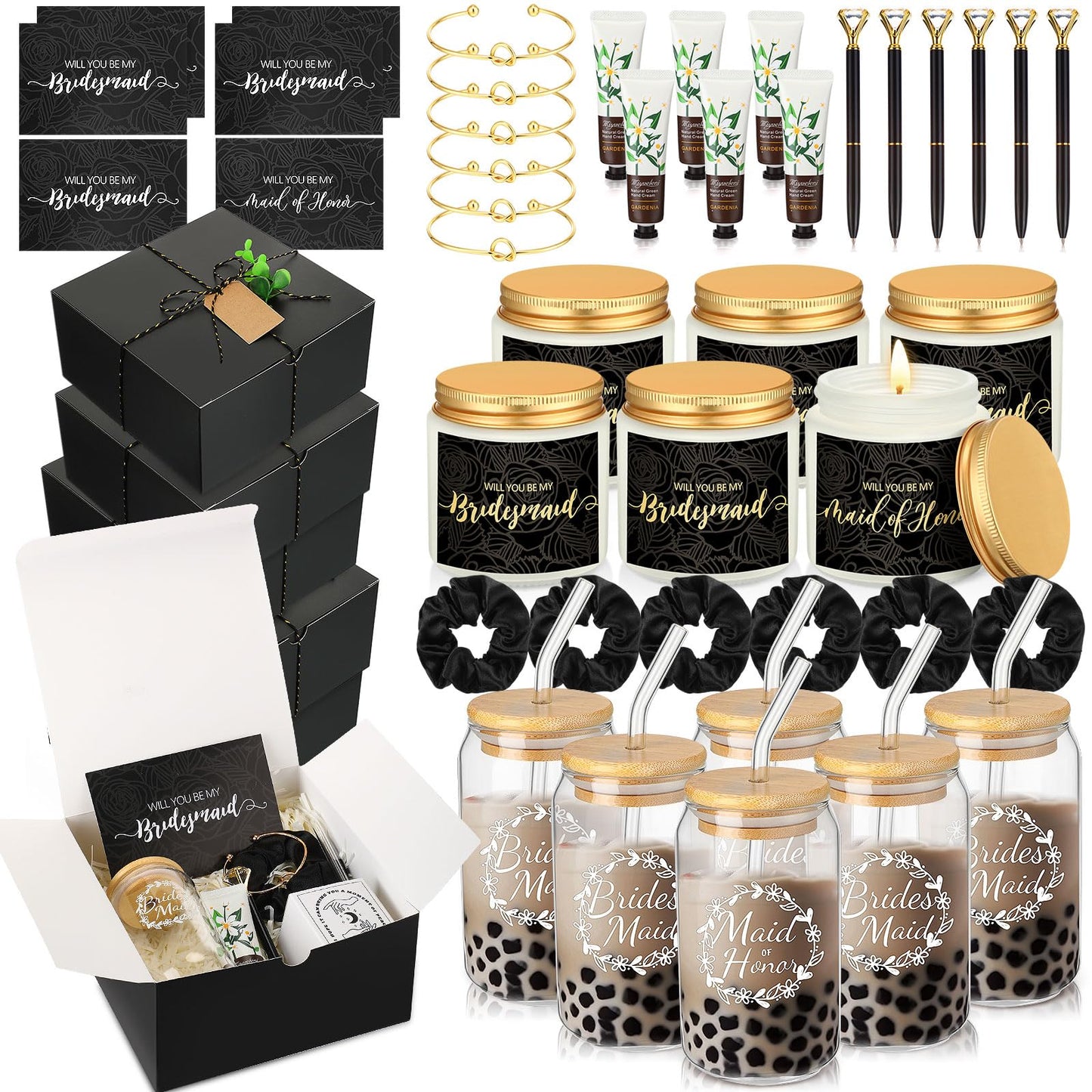 Teenyyou 60 Pcs Bridesmaid Proposal Gifts Bridesmaid Box Set, Maid of Honor Gifts Include Box Glass Cup Candle Cards Hair Ties Knotted Bracelets Hand Cream Diamond Pens(Black)