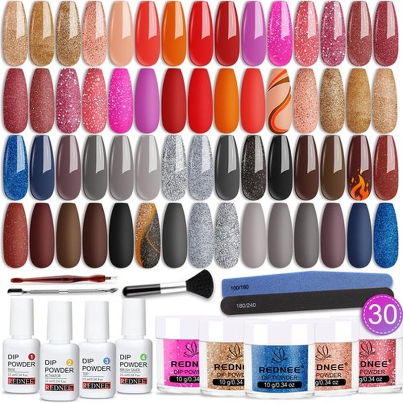 REDNEE 39pcs Nail Dip Powder Kit, 30 Shiny Colors Classic Black Red Glitter with Dipping Powder Essential Liquid Set & Professional Nail Tools for Beginner DIY at Home RE21