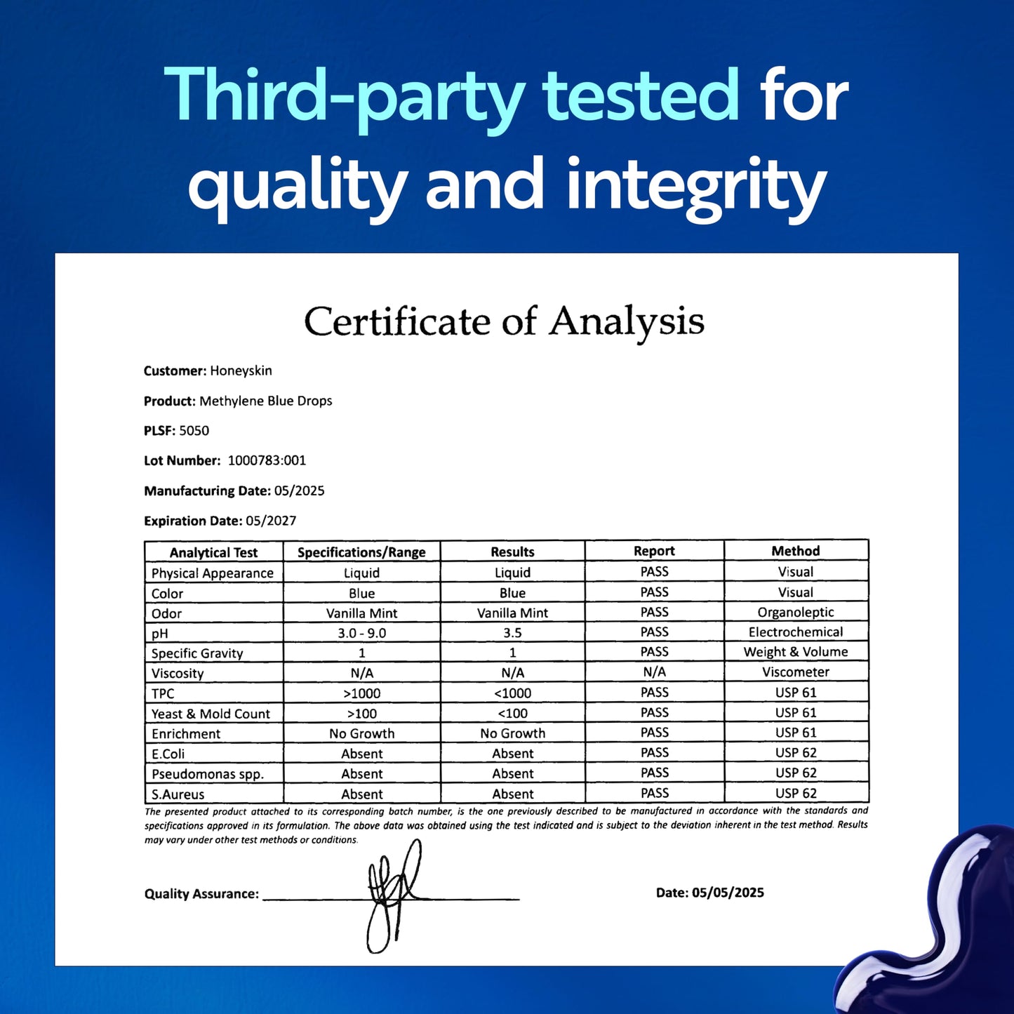 Honeyskin Methylene Blue Pharmaceutical Grade – 1% USP Grade High Purity Liquid Drops, Cool Mint Flavor | Alcohol-Free & Formaldehyde-Free | 50 Servings | Third-Party Tested, Made in USA