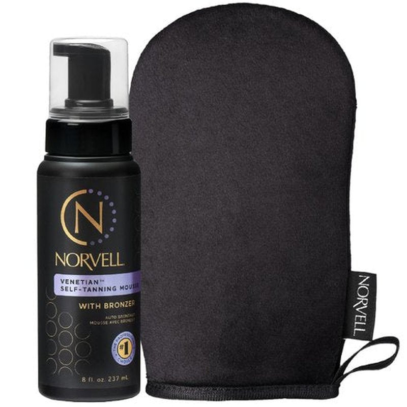Norvell Sunless Self Tanning Bundle - Venetian Self Tanner Mousse with Bronzer, 8 Fl Oz + Streak-Free Tan Applicator Mitt - Premium Natural Looking Self Tanning Foam and Washable Self Tan Mitt