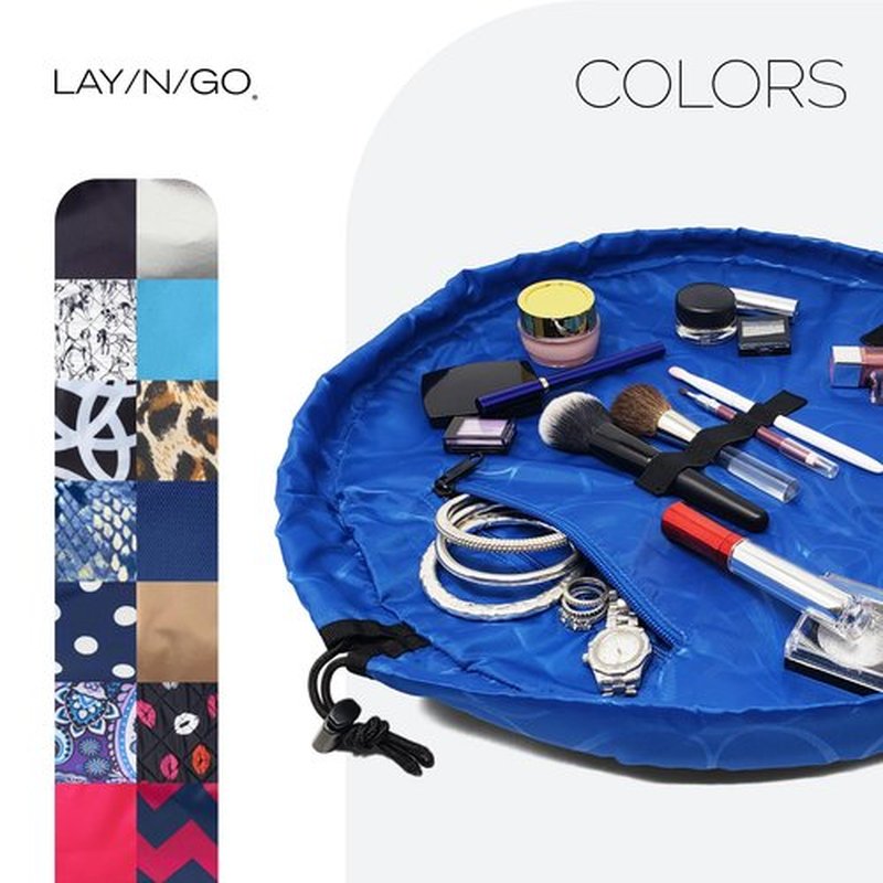 Lay-n-Go Cosmo Drawstring Cosmetic & Makeup Bag Organizer - Portable Drawstring Makeup Bag w/Zipper Pocket, Makeup Loops & More - Durable, Machine Washable Makeup Bag for Travel (20”, Sky Blue)