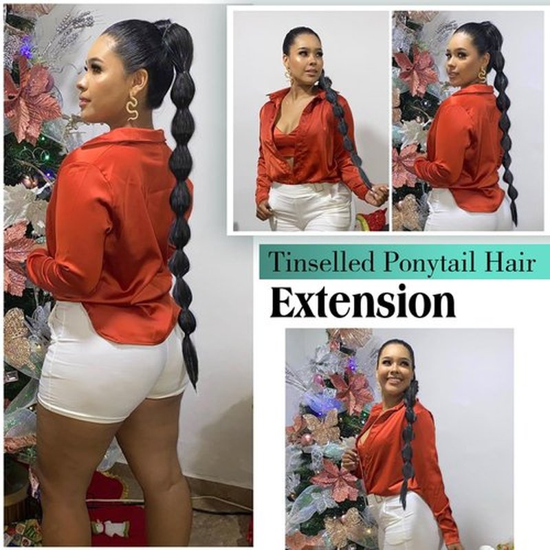 WIGER Long Straight Ponytails Tinselled Straight Hair Extension Wrap Around 26 Inch Black Synthetic Clip-in Hairpiece with Tinsel for Women