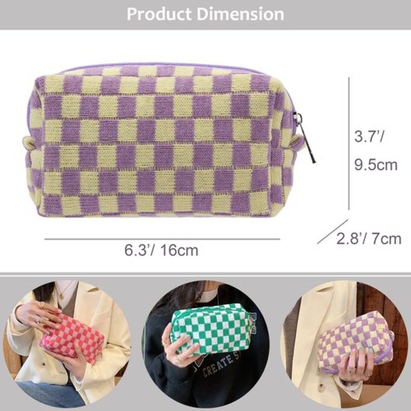 PAZIMIIK Checkered Makeup Bag for Purse Portable Zipper Make Up Pouch Small Cosmetic Case for Travel Accessories (Purple)