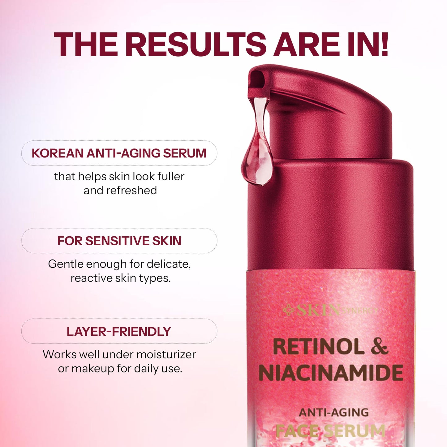Skin Synergy Retinol & Niacinamide Serum For Face – Softens Fine Lines, Refines Pores & Evens Tone For a Smoother Look – Dermatologist Tested, Korean Skin Care, Vegan, Clean Beauty – 1.69 Fl Oz