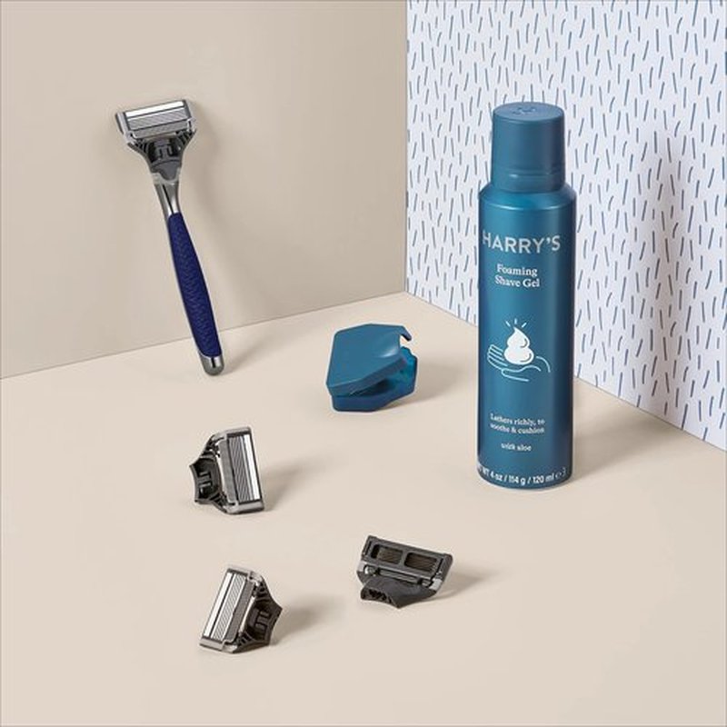 Harry's Razors for Men, 1 Handle (Chrome Edition) and 4 Razor Blade Refills with German Engineered 5-Blade Technology, 2 oz. Foaming Shave Gel, Travel Blade Cover- Holiday Gift for Men