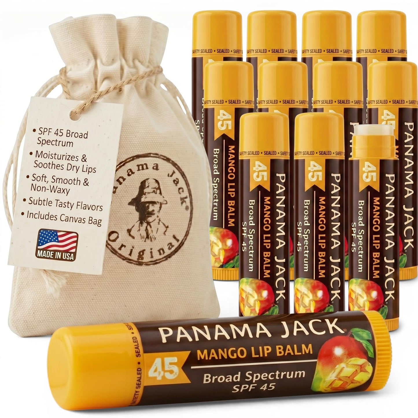 Panama Jack Sunscreen Lip Balm - SPF 45, Broad Spectrum UVA-UVB Sunscreen Protection, Prevents & Soothes Dry, Chapped Lips, Mango, 12-pack