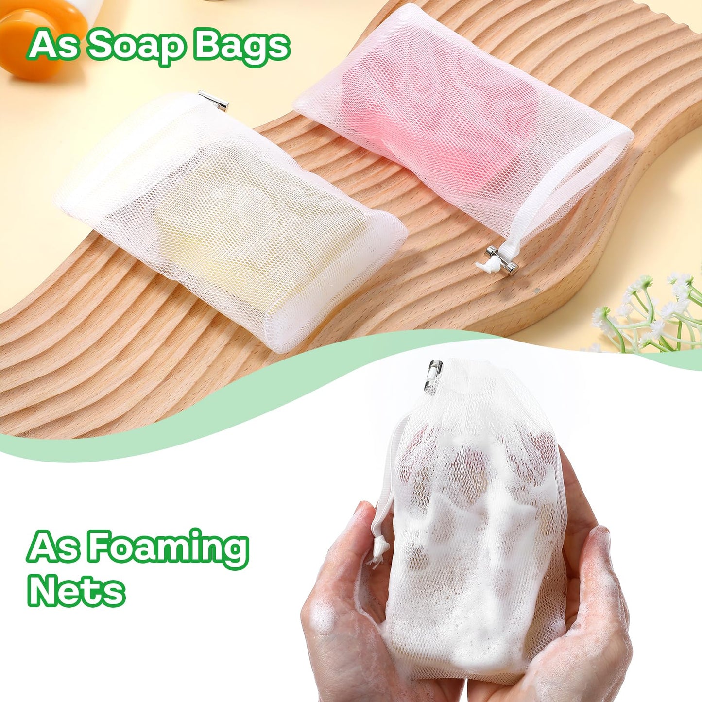 6 PCS Exfoliating Mesh Soap Pouch Soft Soap Bag with Drawstring for Shower Double Layer Thicken Foam Net Bubble Foam Net Soap Sack Saver Pouch, White