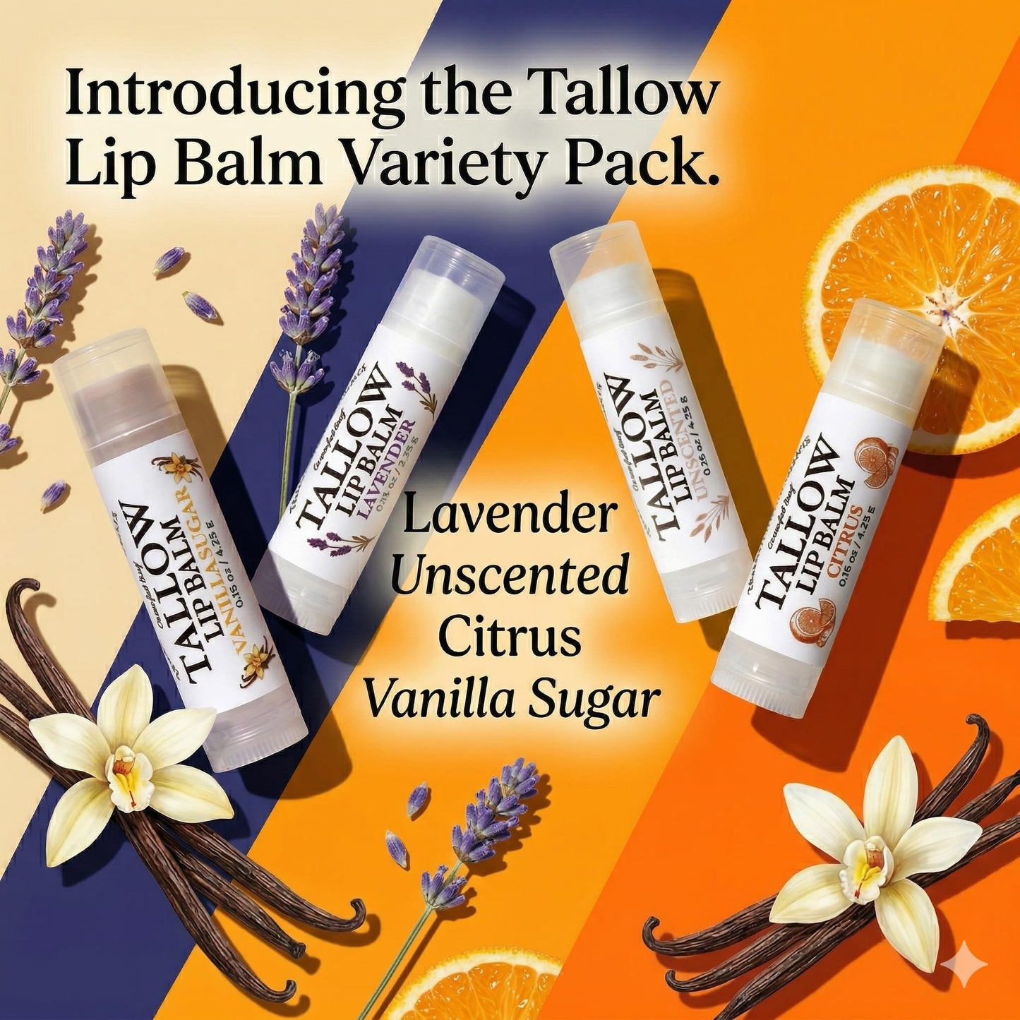 Traditional Nutrients Grass-Fed Beef Tallow Lip Balm, Variety 4-Pack, Unscented, Lavender, Vanilla Sugar, Citrus, with Organic Beeswax