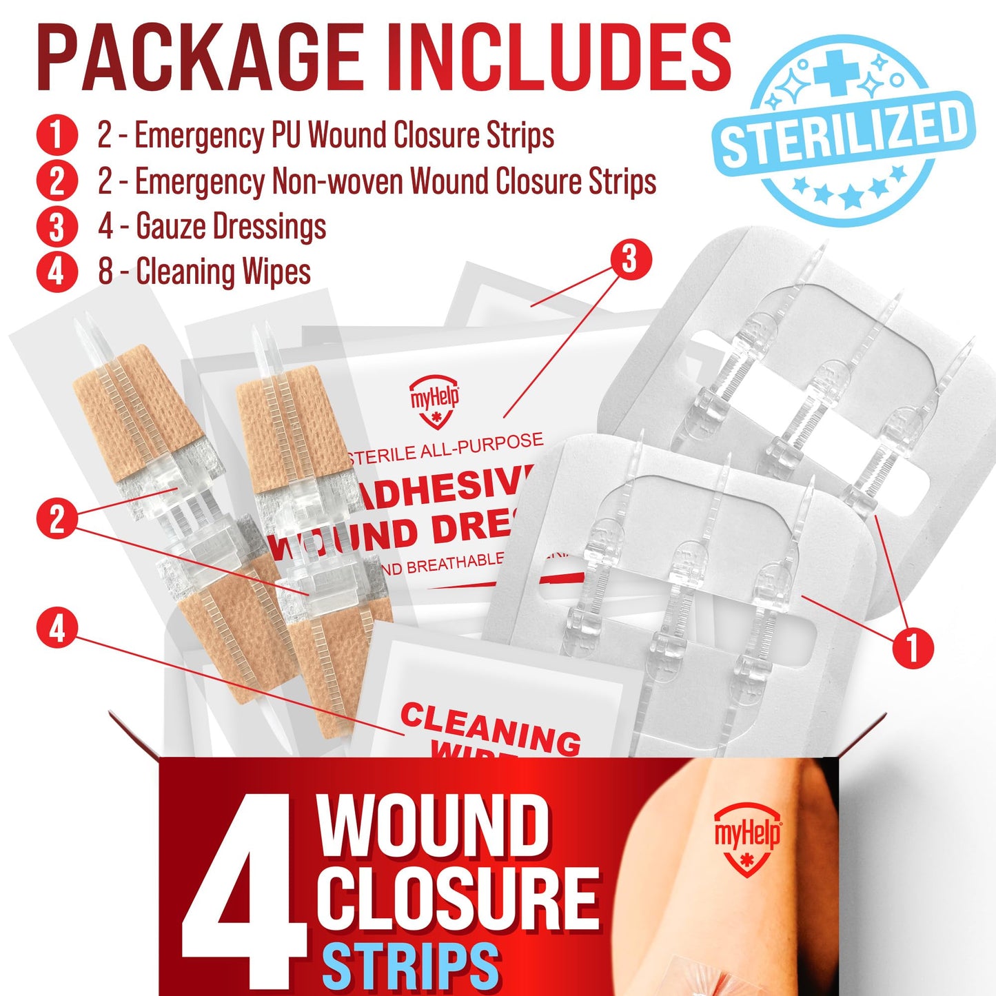 Emergency Wound Closure Strips - 4pk - 2 Types Sutures Free Laceration Closure Kit - Stitchless & Easy to Use - Butterfly Bandages for Cut Care - Perfect for Quick Stop Bleeding and Wound Closing