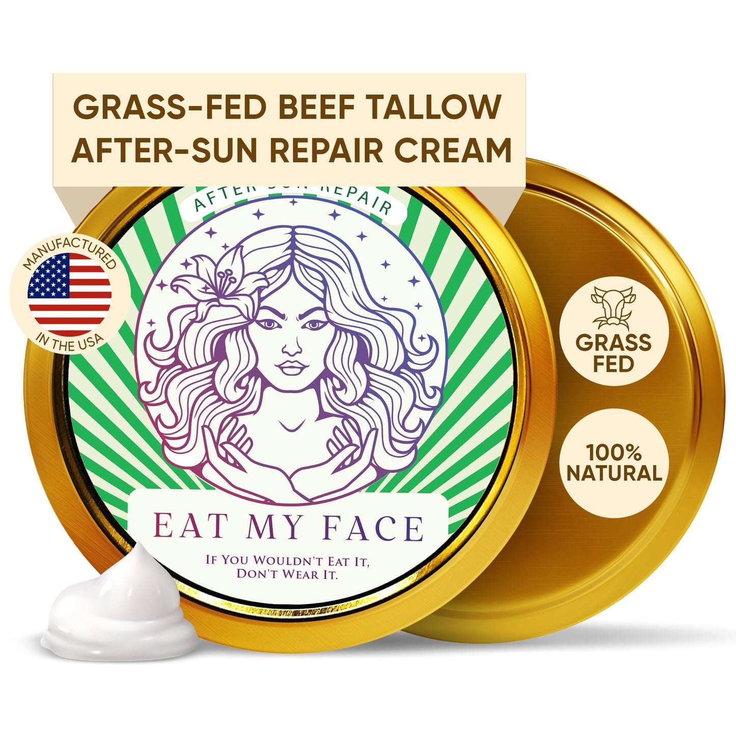 Eat My Face Grass Fed Beef Tallow Cream Aloe Vera After Sun Cream Repair | Enriched with Shea Butter, Cocoa Butter, Jojoba Oil, Sea Buckthorn, and Vitamin E, 4 fl oz